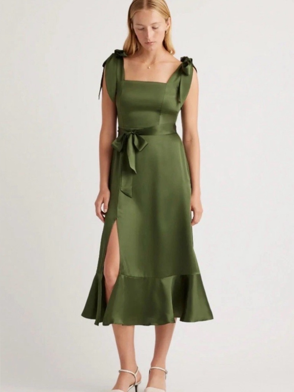 Quince Olive Green Tie-Shoulder Midi Dress NWT 100% silk no sashes read